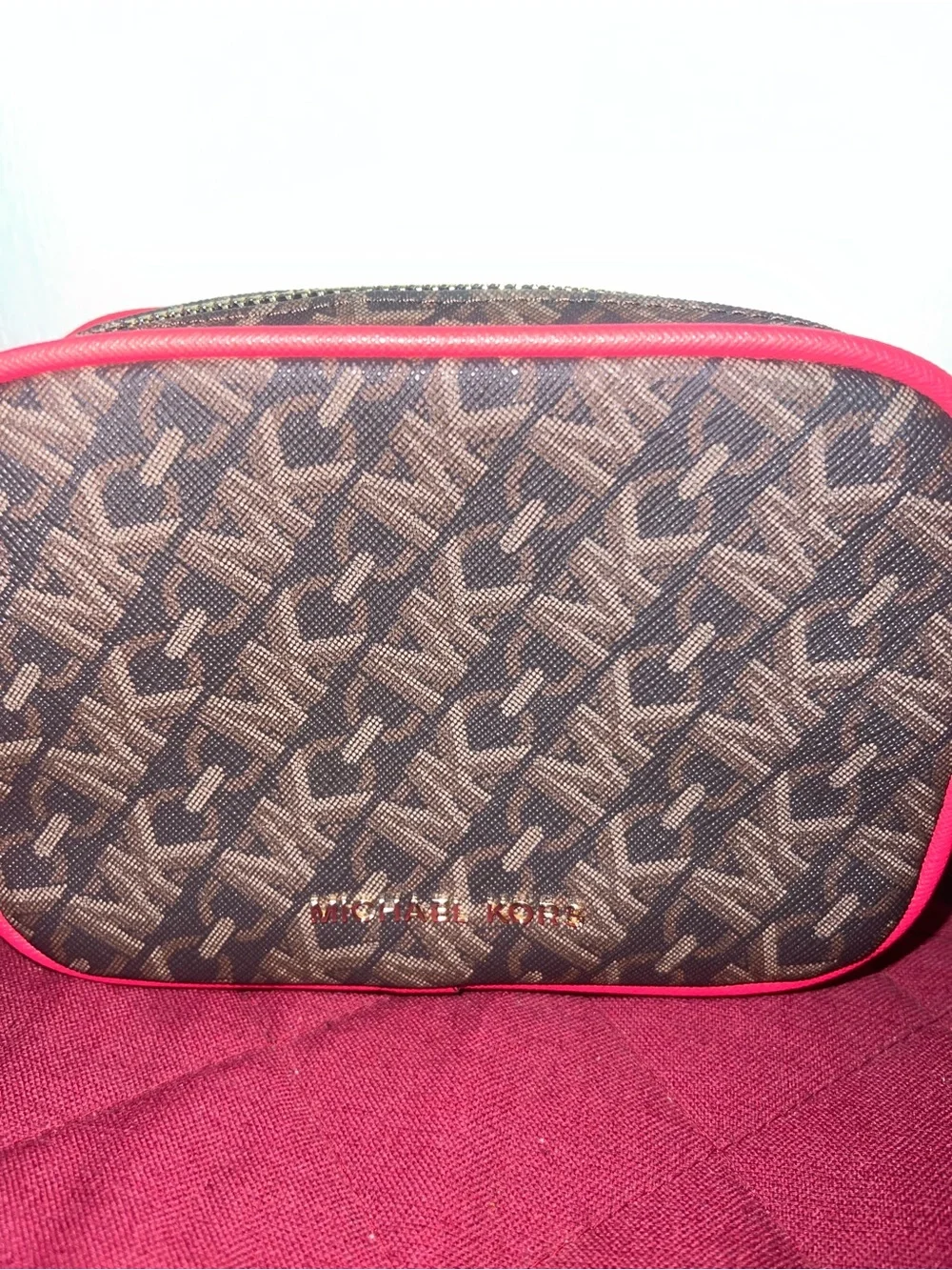 Michael Kors Brown Monogram Crossbody with Pink Trim